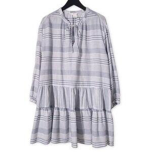 H&M‎ L.O.G.G. Midi Dress Womens Large Boho White Blue Striped Swim Cover Tunic